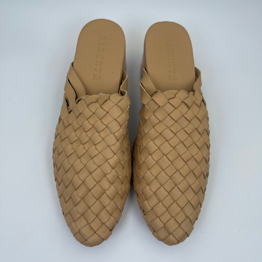 Liberte Faux Leather Mules Womens Size 6 Tan Basket Weave Block Heel Pointed Toe